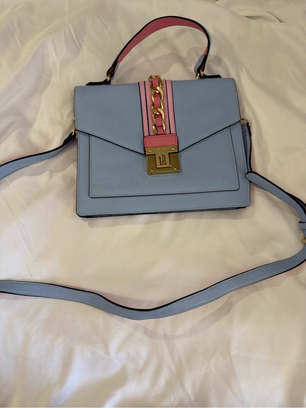 Aldo Light Blue and Pink Chain-Accent Top Handle Satchel